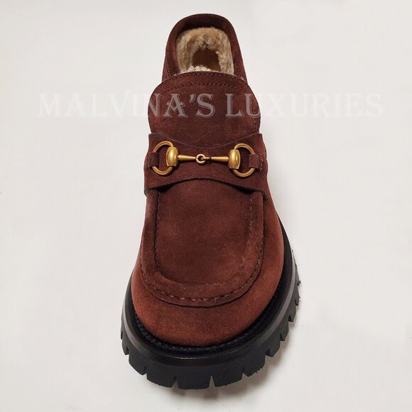 GUCCI BOOTS MENS SHEARLING LINED SUEDE HORSEBIT LOAFER SHOES BEE main image 9